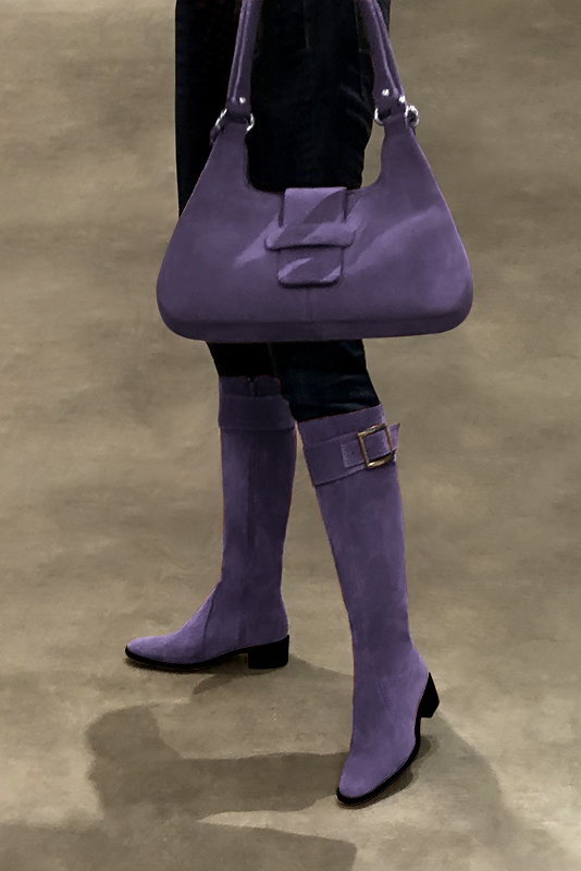 Lavender purple women's calf bracelets, to wear over boots. Worn view - Florence KOOIJMAN